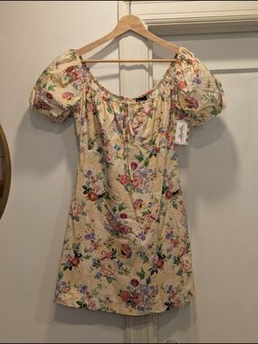 Aakaa Cream Floral Puff-Sleeve Mini Dress